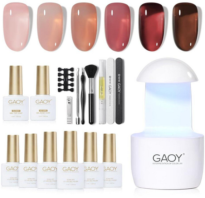 GAOY 초보자를 위한 UV 조명이 있는 젤 네일 폴리쉬 키트 6가지 색상 시어 젤리 누드 핑크 가정용 살롱 및 아트 DIY용 탑 베이스 코트 포함 핑크쉬, 로즈 가든, 1개