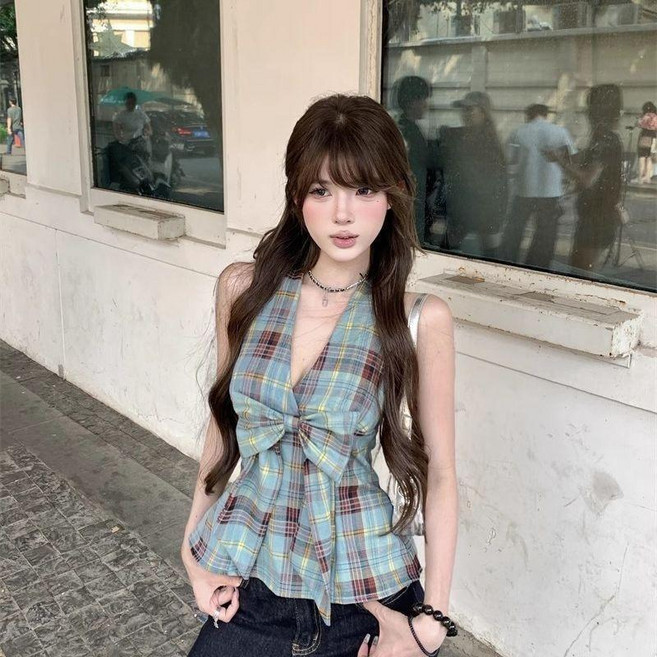 蝴蝶結格紋掛脖背心 ins 風上衣女