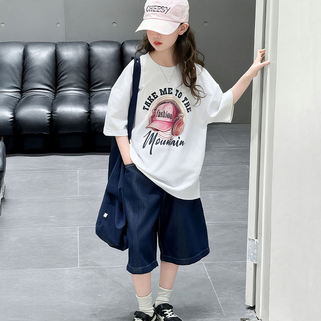 베비포 초중생 프린팅 반팔티 데님 반바지 상하세트 -KE7