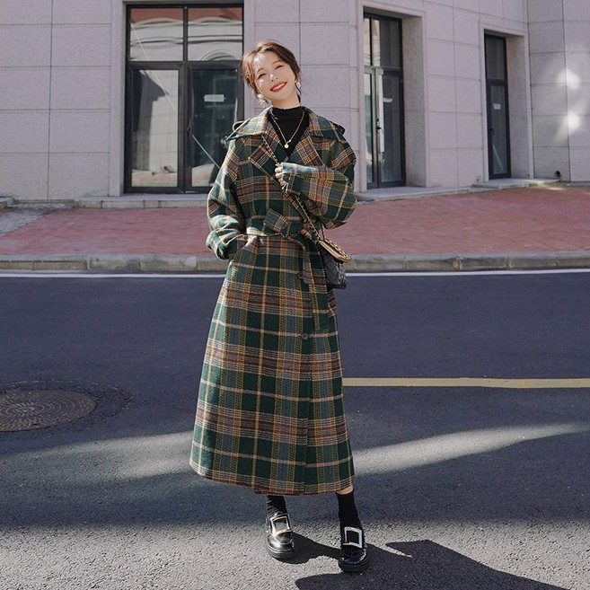 맥시 롱 코트 발목 모직 여성용 겨울 격자 무늬 대형 코트에 매우 긴 접합 및 범