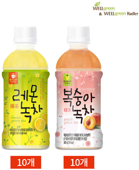 웰그린 레몬녹차 복숭아녹차 반반세트 340ml x 20PET, 20개