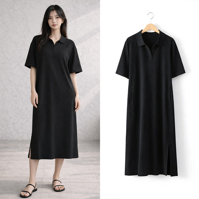 VERIT 빅사이즈 오버핏 롱 원피스 카라넥 77 루즈핏 반팔원피스 VT915