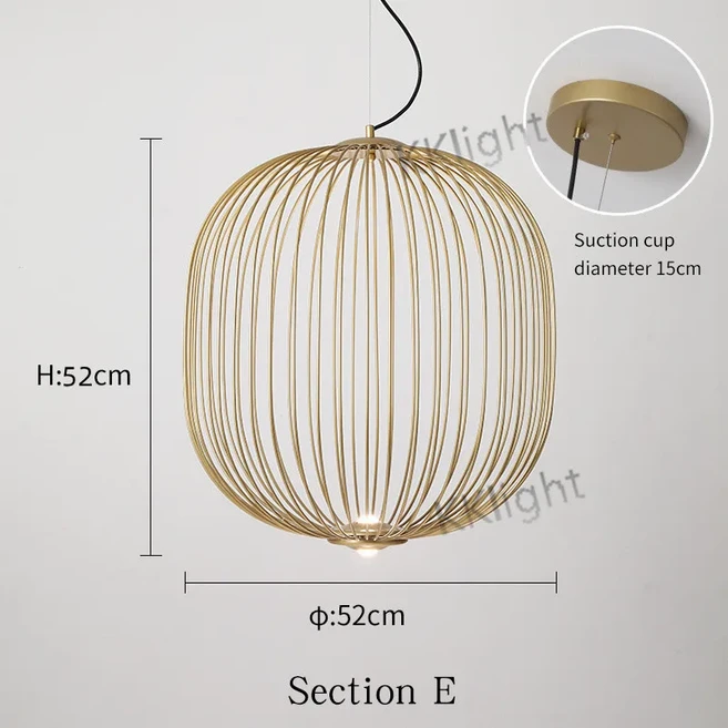 현대 원격 스포크 LED 펜던트 조명 북유럽 산업 스타일 새장 샹들리에 거실 로프트 주방 섬 광택, 02 D52cm H52cm, 03 Neutral light, 02 Copper color body, 1개