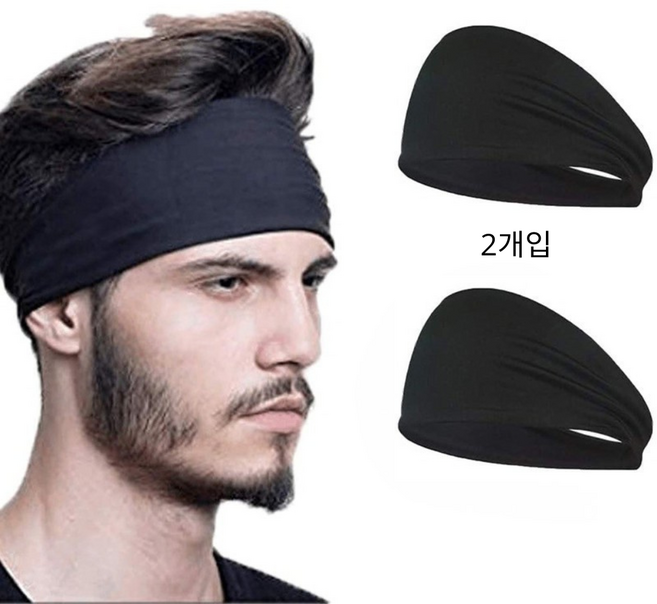 행운상회 와이드 스포츠 헤어밴드 운동용 남녀공용 블랙 2개입, 1개, 블랙+블랙