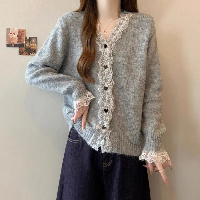 Skyciky가을겨울 빅사이즈 레이스 꽃무늬 V넥 니트 가디건 하트 버튼 여성 AA509