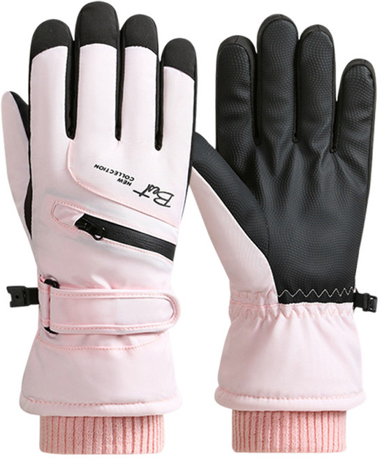 滑雪手套 加絨保暖手套 防風防水, 粉色-女款, 1套