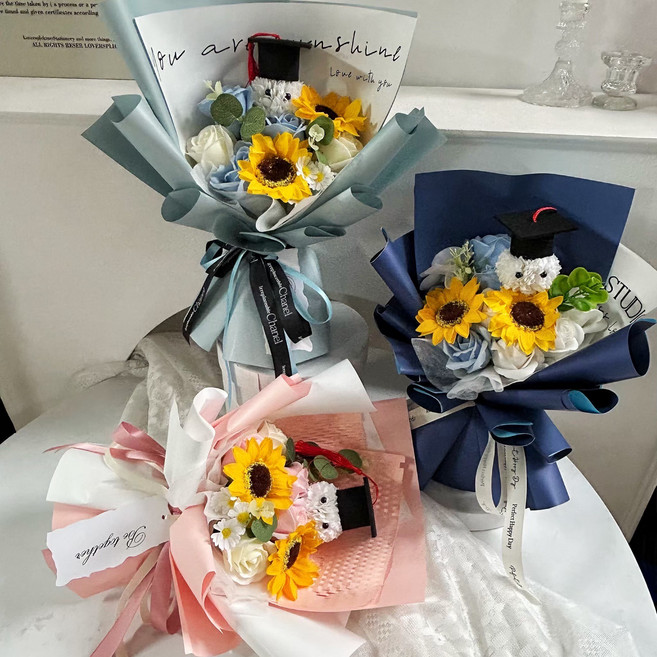 畢業花束 向日葵小熊永生花束, 粉色送禮物袋, 1件