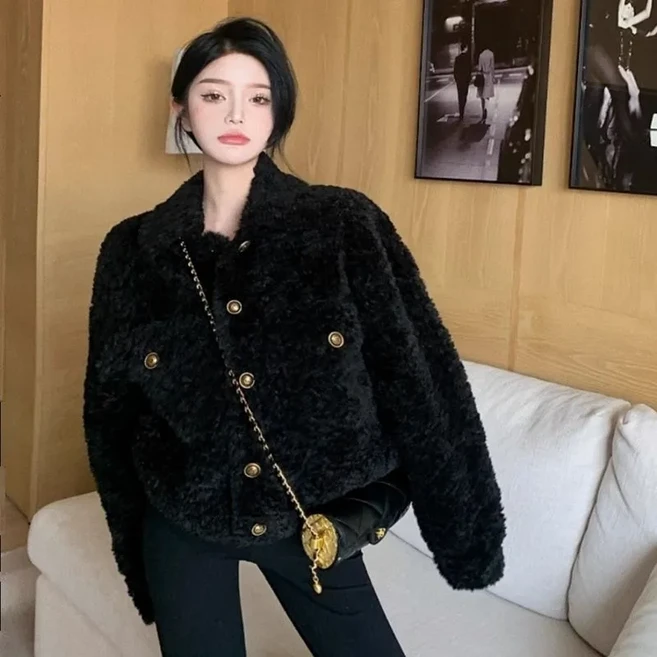 BLACK K7 블랙 뽀글이 숏 재킷 코트 두터운 램스울 아우터