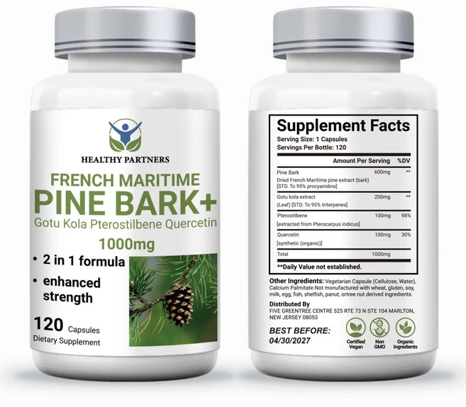 프랑스해안송 소나무껍질 추출물 고투콜라 프테로스틸벤 퀘르세틴 1000mg 항산화영양제 피크노제놀, 1개, 120정 - 쿠팡