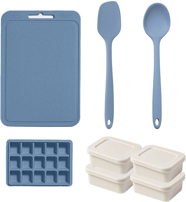 유일코리아 국산 실리콘 이유식 조리도구 세트, 1세트, 인디블루+화이트베이지, 이유식조리도구