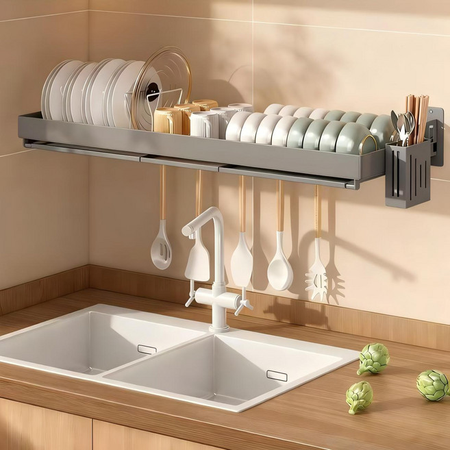 공중부양 식기건조대 상부장식기건조대 무타공 식기건조대 주방창 선반 벽걸이 싱크대 위 식기건조대 그릇보관대 2026년 판매량 선두 주방용품, 그레이75롱평면롱, 1개, 1단
