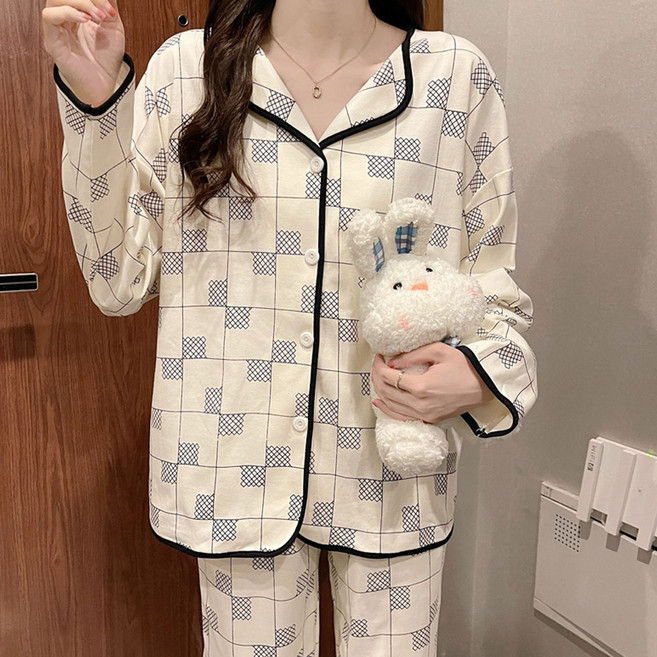 이브닝체크세트 여름 여성잠옷 홈웨어 파자마 상하세트 캐릭터 동물잠옷 프리사이즈 긴팔 긴바지