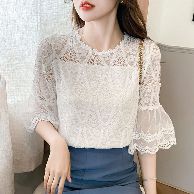 고급스러운 상의 시크 레이스 반팔티 여름 여성 시스루 디자인 루즈핏 쉬폰 블라우스 하객룩