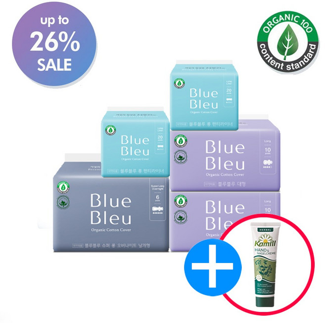 블루블루 유기농 생리대 대형2팩 오버나이트1팩 라이너2팩 (사은품증정), 5개