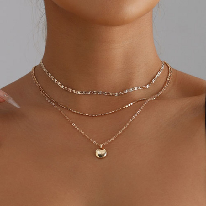 티큐 여성 골드 체인 라운드 팬던트 세줄 레이어드 목걸이 A2247