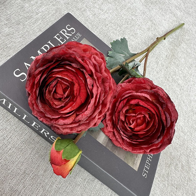 廠家直售3頭天山雪蓮仿真花家居花藝擺件民宿酒店裝飾婚慶手捧花, 1件, 大紅色:1個