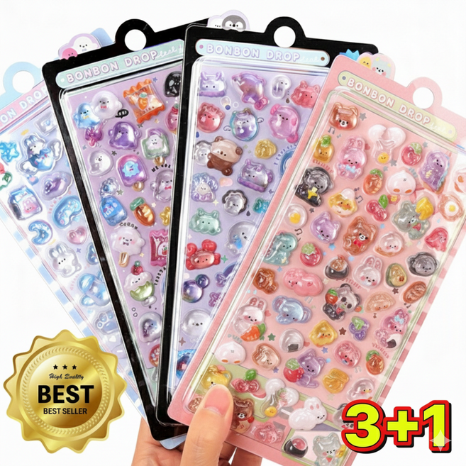 핀앤솔 인기 3D 입체 에어 귀여운 캐릭터 DIY 폰꾸 다꾸 스티커, 4개입
