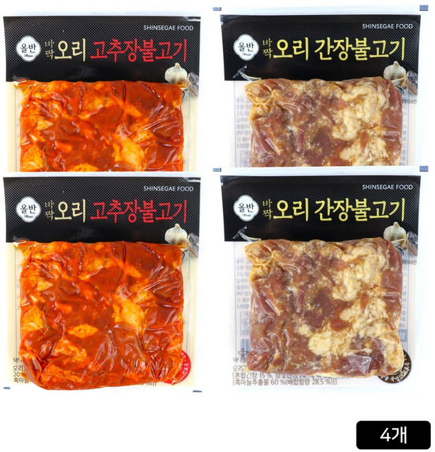 [홈쇼핑] 올반 바짝 오리 불고기 고추장불고기 1팩+간장불고기 1팩, 2세트