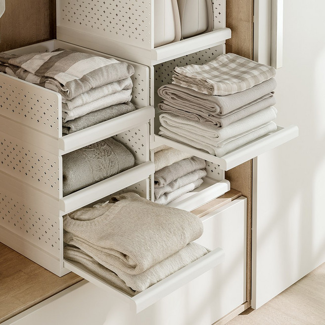 무타공마켓 2세대 슬라이딩 적층 옷장 드레스룸 옷정리 트레이 정리함, 화이트, 1개