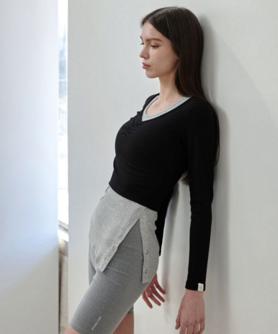 DEVIWEAR 데비웨어 여성 요가복 DEVI-T0126-블랙 필라테스 줄리 셔링 롱슬리브 740916