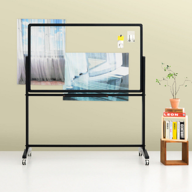 유리 화이트보드 칠판 시공 제작(블랙프레임)+스탠드 900x600 이동식화이트보드 칸막이/파티션, 유리 투명칠판(블랙프레임)+스탠드