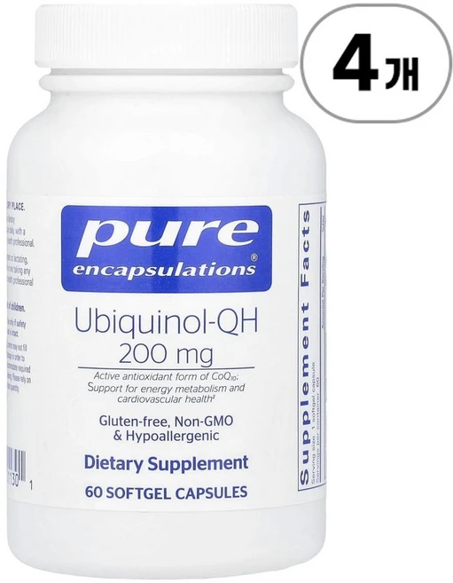 퓨어 인캡슐레이션 유비퀴놀 QH 200mg Pure Encapsulations Ubiquinol-QH 200 mg 60정, 4개 - 쿠팡