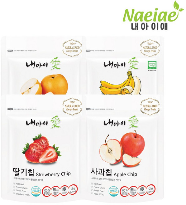 [내아이애] 아이과자 간식 동결건조 과일칩 셋트(추가증정 이벤트), 동결건조 과일칩 4종 셋트(딸기/사과/배/바나나), 12g, 1개