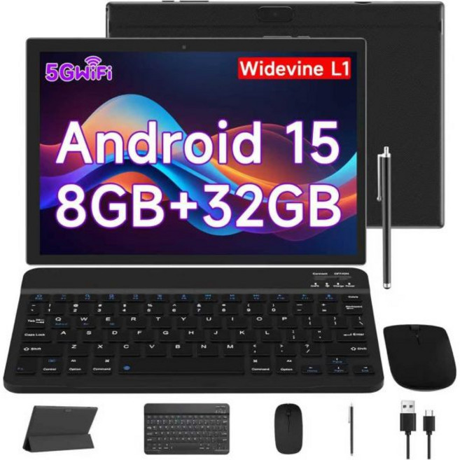 10인치 안드로이드 15 태블릿 키보드마우스케이스스타일러스가 포함된 2in1 8GB 램+32GB 저장공간1TB 확장 가능 1.8GHz 쿼드코어 프로세서 1280800 HD 터치, CUPEISI 8GB+32GB, 검정