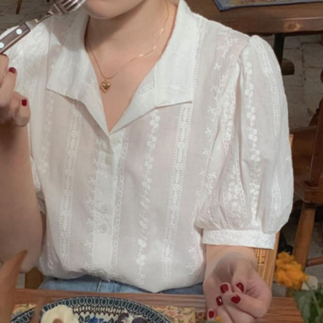 퍼프소매 남방 셔츠 블라우스 화이트 여성 여름 시스루 [PP919]