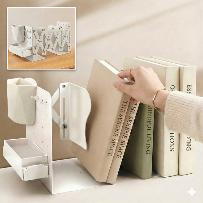 아우리온 틈새활용 책정리끝 길이조절 접이식 책꽂이 정리함 세트, 1단, 화이트