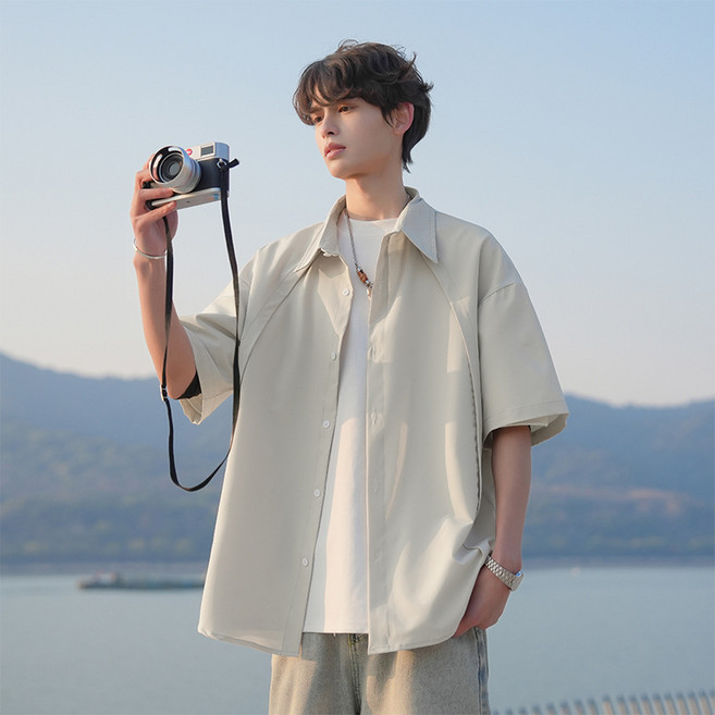 【痞帥INS風】短袖襯衫 男裝襯衫 潮牌襯衫 韓版襯衫 夏季襯衫 寬鬆版型 原創設計 輕奢質感 夏季休閒百搭