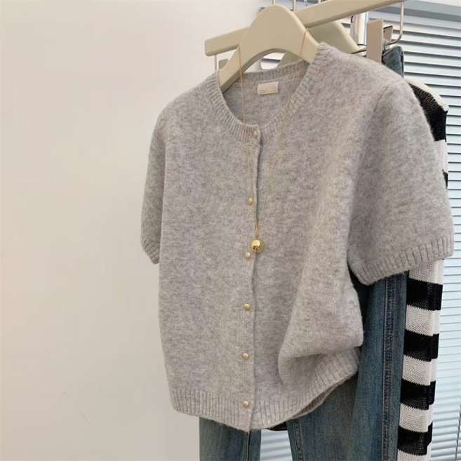 VEZRI 여성 여름 크롭 니트 가디건 라운드 넥 숏 슬리브 캐주얼 재킷 오픈 프론트 F88