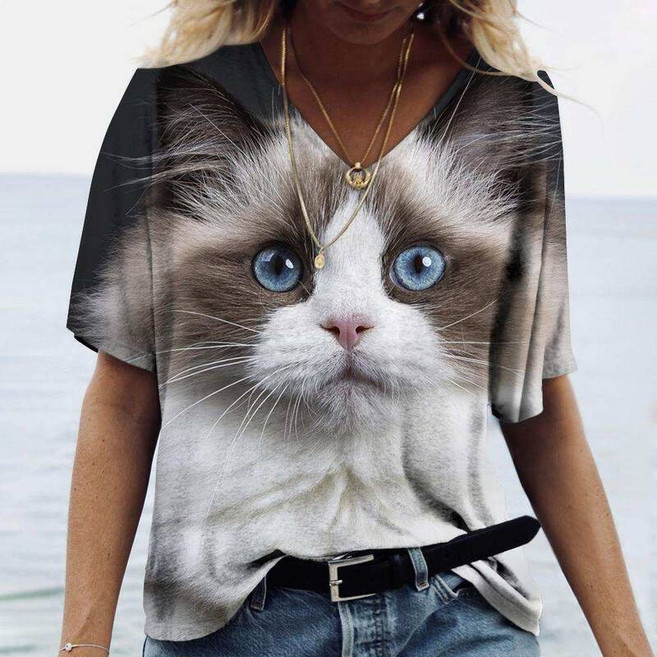 호랑이 티셔츠 화려한 패션 동물 고양이 3D 프린트 여성용 V넥 오버사이즈 여름 스트릿웨어 하라주쿠 Y2K 의류