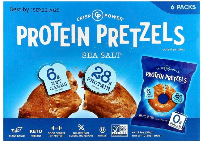 크리스프 파워 프로틴 프레첼 바다소금맛 6봉지 50g CPS-45120, 크리스프 파워 단백질 프로틴 프레첼 바다 소금 6봉지 - 쿠팡