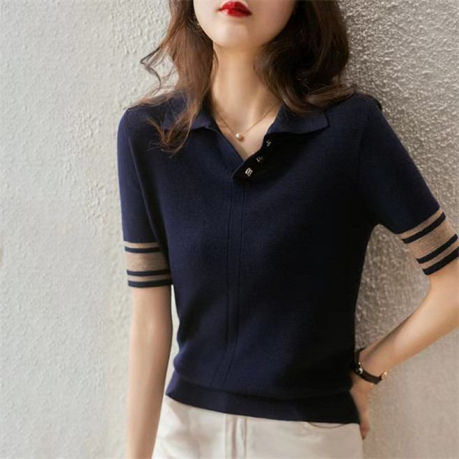 SAHINER 여성 반팔 니트 카라 반팔티 슬림핏 여름 데일리룩 ATX66