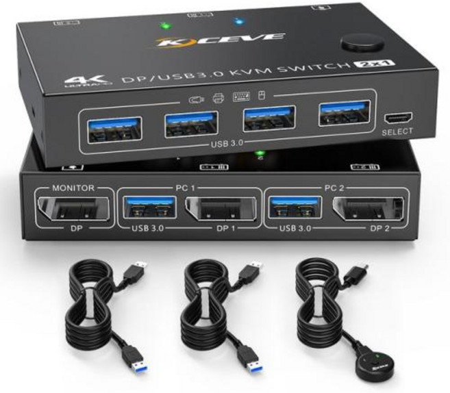 KVM 스위치 디스플레이 포트 USB 3.0 DP KVM 스위치 2 인 1 출력 3440x1440 144Hz 2 컴퓨터 공유 1 모니터 및 4 USB 3.0 장치, 201DPA NEW_1.5M, 1) 201DPA - 1.5M