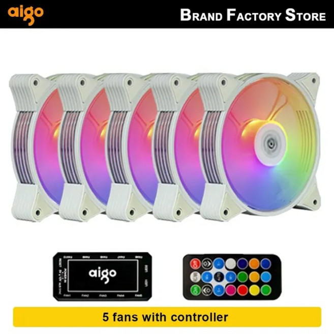 GEEKISTORE Aigo AR12 화이트 PC 컴퓨터 케이스 선풍기 냉각 쿨러 6 핀 조절 가능 RGB LED 12cm 음소거 환풍기 속도 5V ARGB 팬 120mm, [03] white 5 fan set, [01] A- RGB, [01] WHITE, 1개