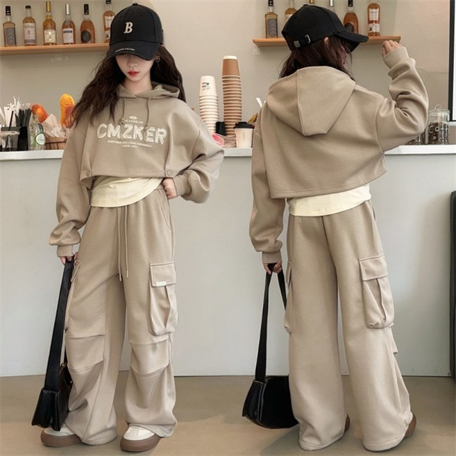 비비키드 여아 봄 가을 초중생 상하복 세트 주니어 크롭 후드 긴팔티 상의+하의 민소매 쓰리피스 세트 초등생 주머니 긴바지 세트 (77179)