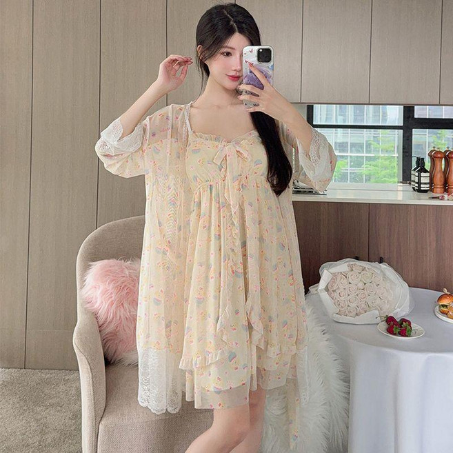 甜美蕾絲網紗睡衣女夏季短袖套裝寬鬆可外穿家居服 副廠商品