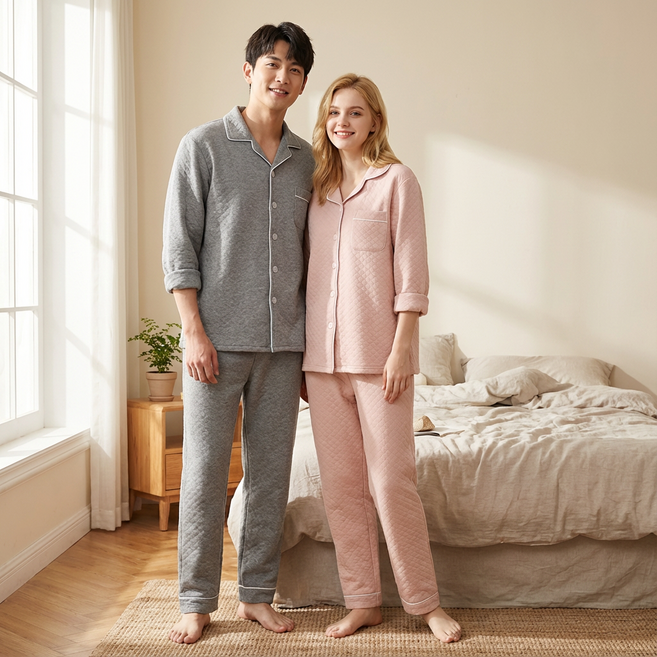 에브넥스 겨울 여성 남성 순면 파자마 커플 누빔 순면 잠옷