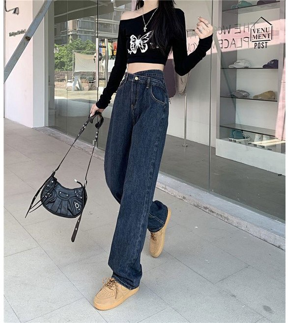 梨卡 女裝 寬鬆直筒牛仔長褲 高腰交叉腰頭設計 韓版顯瘦版型 灰藍色 2XL