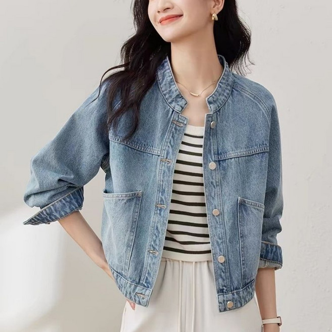 Makone 여성 차이나카라 솔리드 워싱 데님 잠바 심플 루즈핏 데일리 캐주얼 청자켓