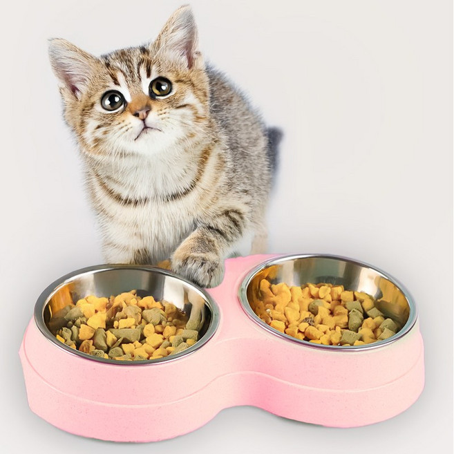 강아지 밥그릇 물그릇 2구 식기 반려동물 고양이 밥그릇 용품 애견 그릇 세트, 1개, 핑크