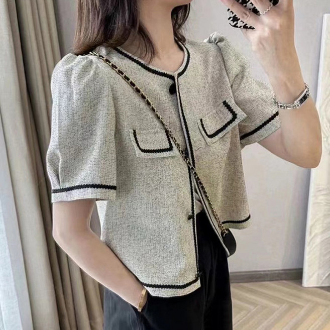 swygsqql 여성 반팔 트위드 자켓 키작녀 얇은 기질 패션 캐주얼 여름 자켓