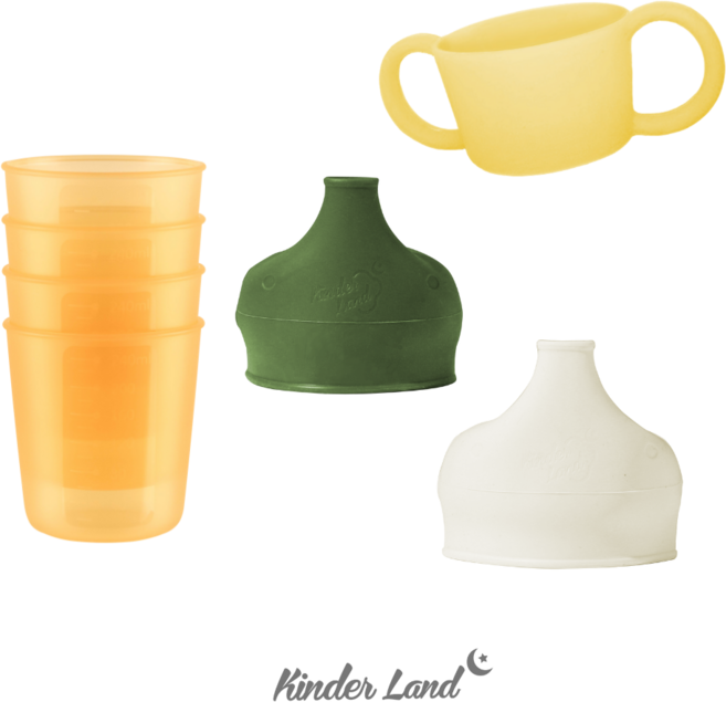 [킨더랜드] 유아/키즈컵 컵4개+뚜껑2개+손잡이 1개, 밀크+딥그린+손잡이 1개, 300ml