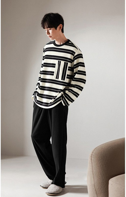 봄 캐주얼 잠옷 커플 잠옷 남녀 면 긴팔 긴바지 단색 줄무늬 라운드 홈 웨어 데일리 상하의 잠옷 세트