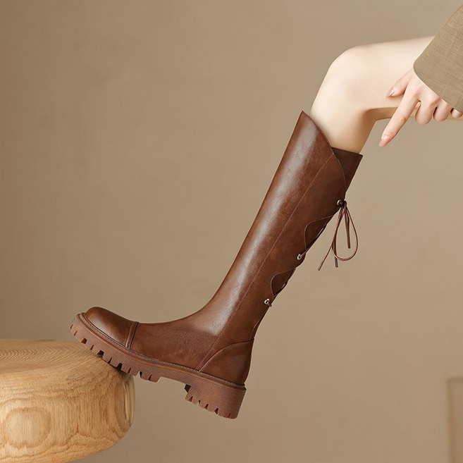 여성 롱 부츠 가을 겨울 가죽 롱부츠 심플 스타일 키높이 두꺼 편리한 착용 JS