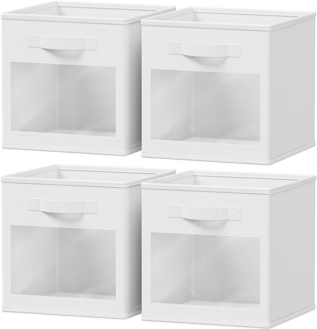 수납 바스켓 다용도 접이식 패브릭 옷정리 수납함 투명창 포함, 4개, 화이트