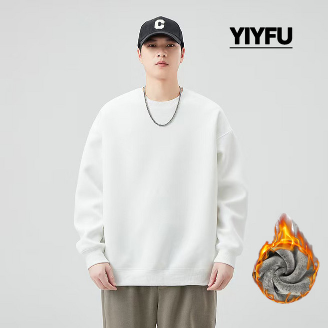 YIYFU남자 겨울 무지 캐주얼 빅사이즈 라운드 기모 맨투맨 따뜻한 보온 긴팔 티셔츠