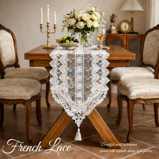 루미에 프렌치 로맨틱 레이스 테이블 러너, 1개, 35 x 120 (2인용), 화이트